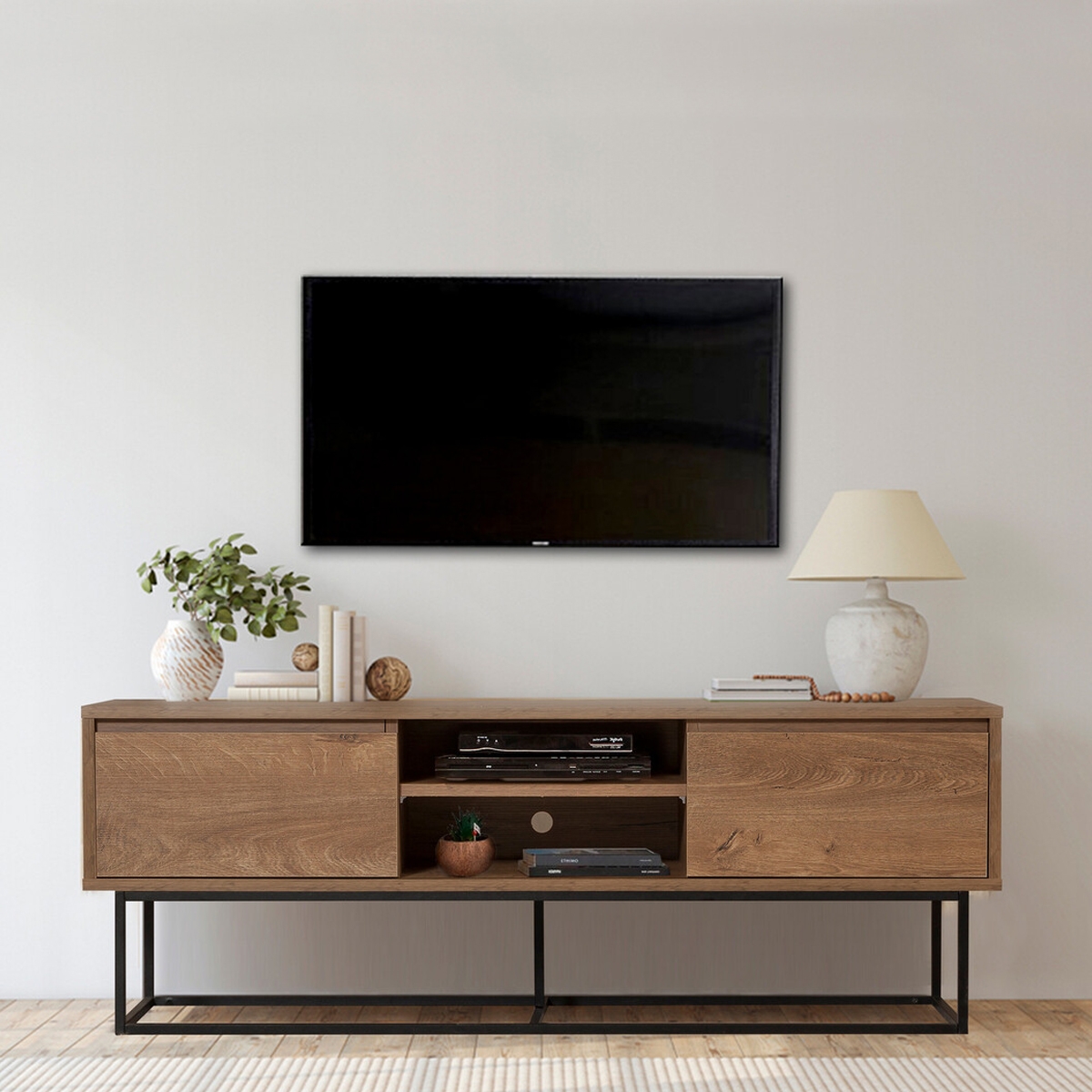 Meuble TV industriel moderne 140x40x50cm en bois et métal Rodez Promotion