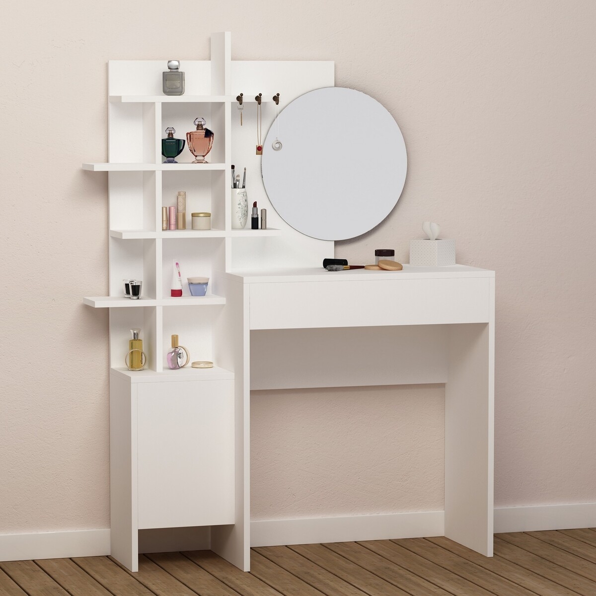 Coiffeuse maquillage blanche avec miroir rond et étagères Mup Promotion Coiffeuse maquillage blanche avec miroir rond et étagères Mup Promotion