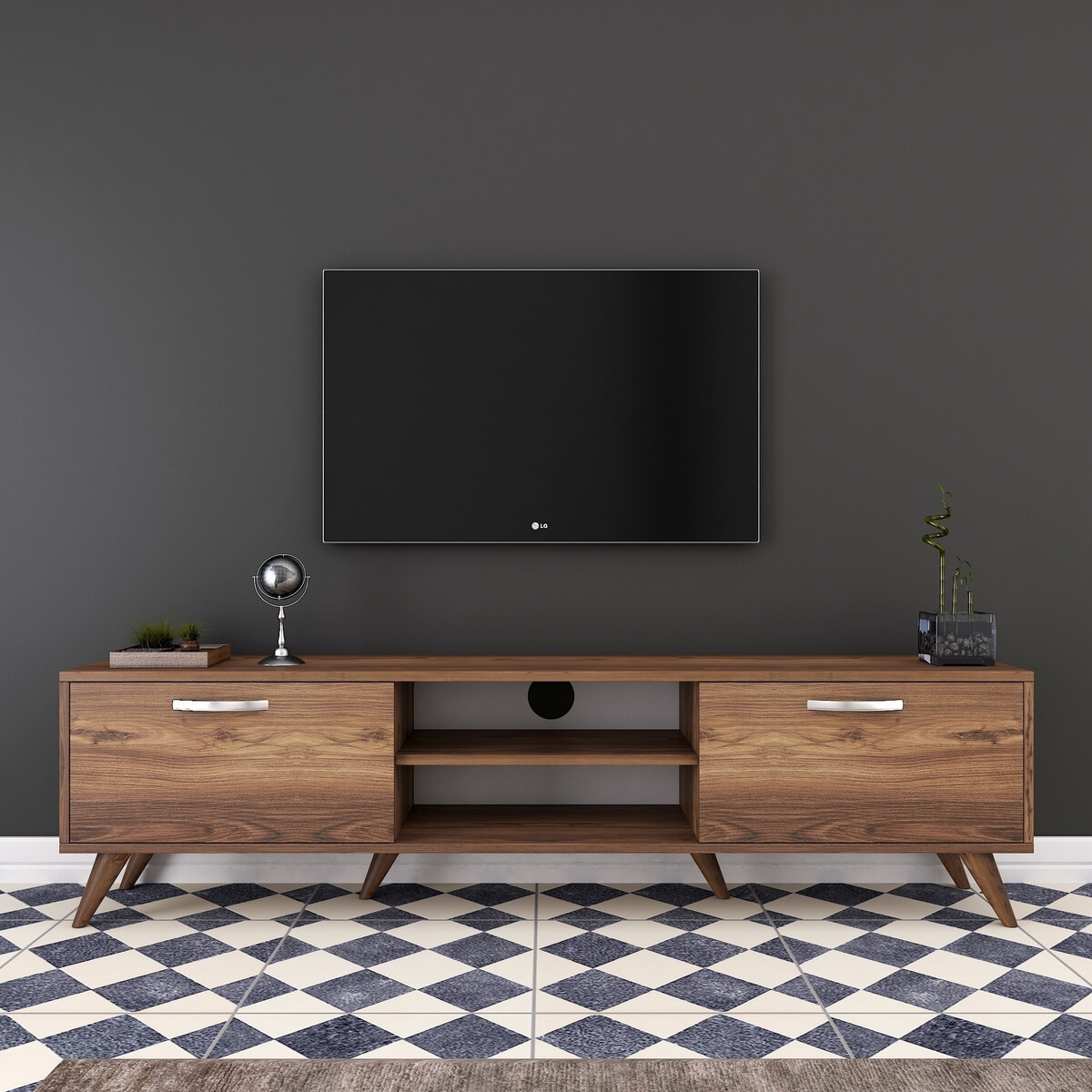 Mobile TV con 2 ante a ribalta e 2 mensole in legno color noce Walnut Promozione Mobile TV con 2 ante a ribalta e 2 mensole in legno color noce Walnut Promozione