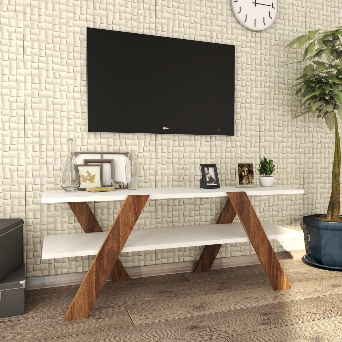 Mobile TV soggiorno di design 120cm bianco e legno con 2 ripiani Basic Promozione Mobile TV soggiorno di design 120cm bianco e legno con 2 ripiani Basic Promozione