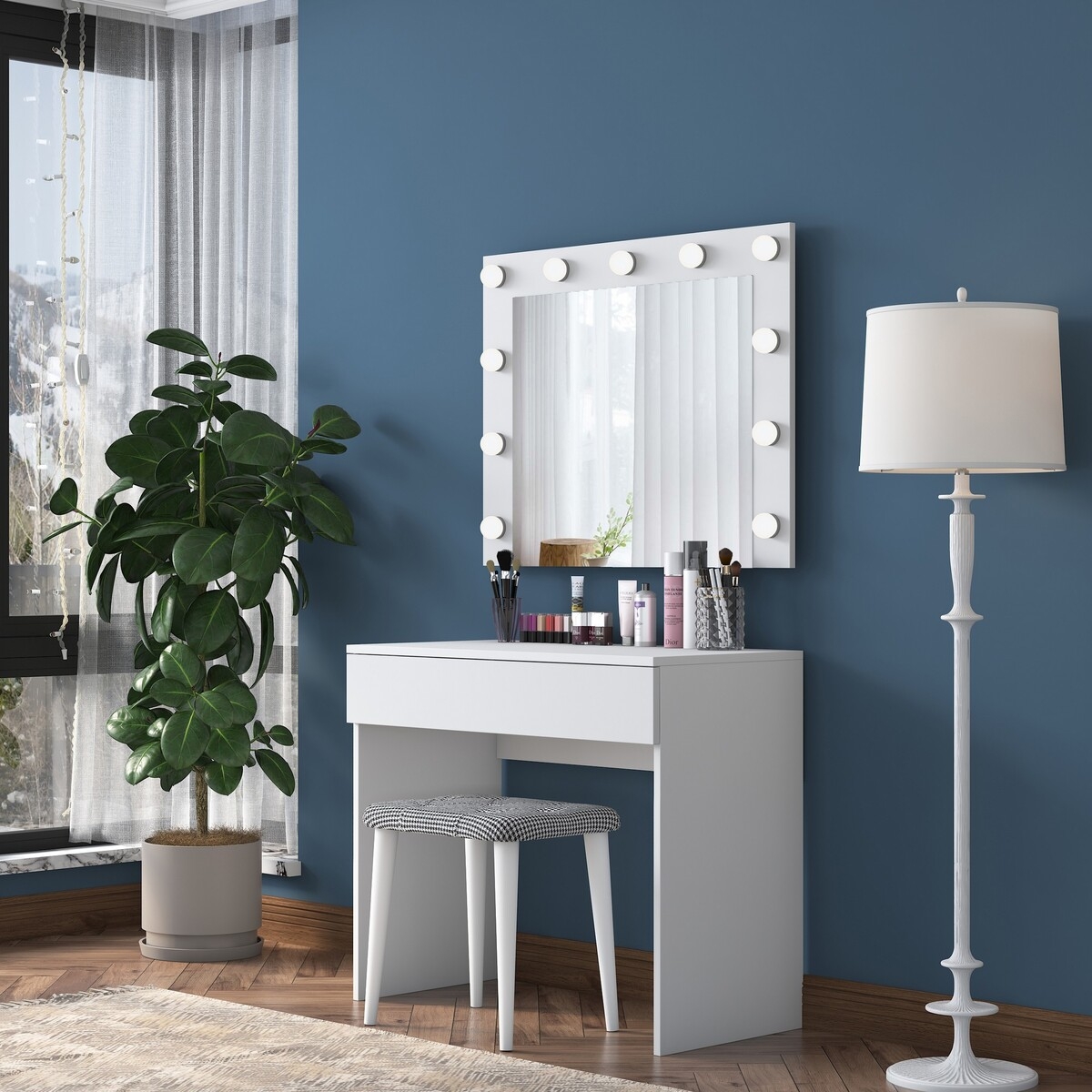Mobile postazione trucco con cassetto specchio a LED e sgabello Tabs Promozione Mobile postazione trucco con cassetto specchio a LED e sgabello Tabs Promozione