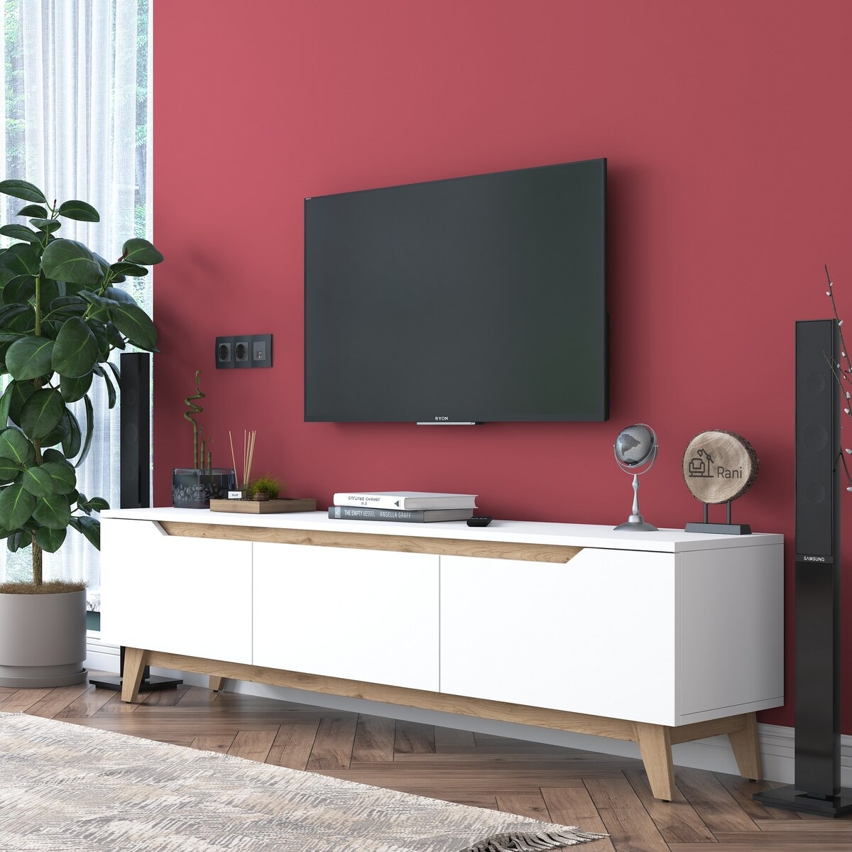 Mobile porta TV moderno 180cm bianco e legno con 3 ante Amelia Promozione Mobile porta TV moderno 180cm bianco e legno con 3 ante Amelia Promozione