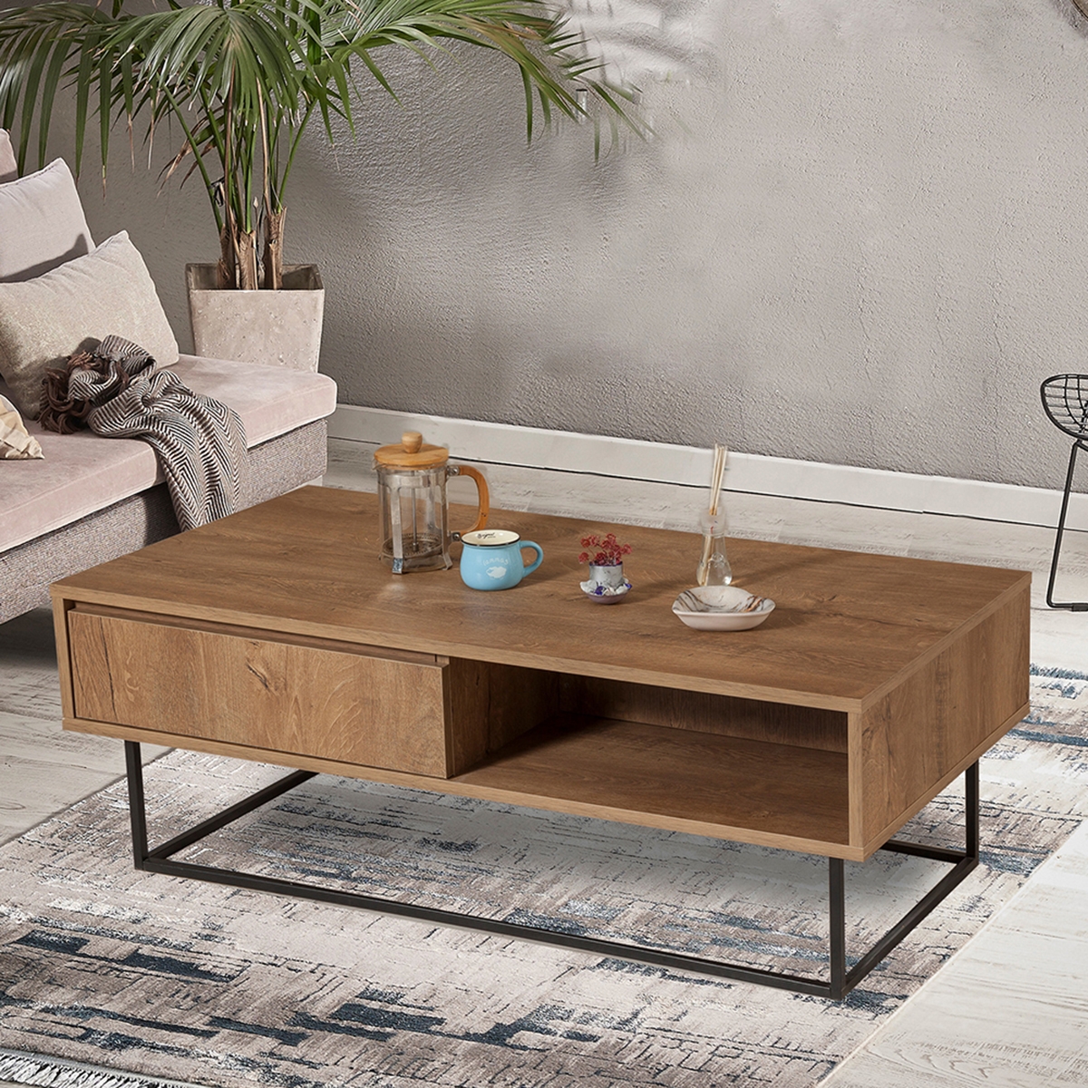 Table basse moderne en bois avec niche ouverte et tiroir Dale Promotion Table basse moderne en bois avec niche ouverte et tiroir Dale Promotion