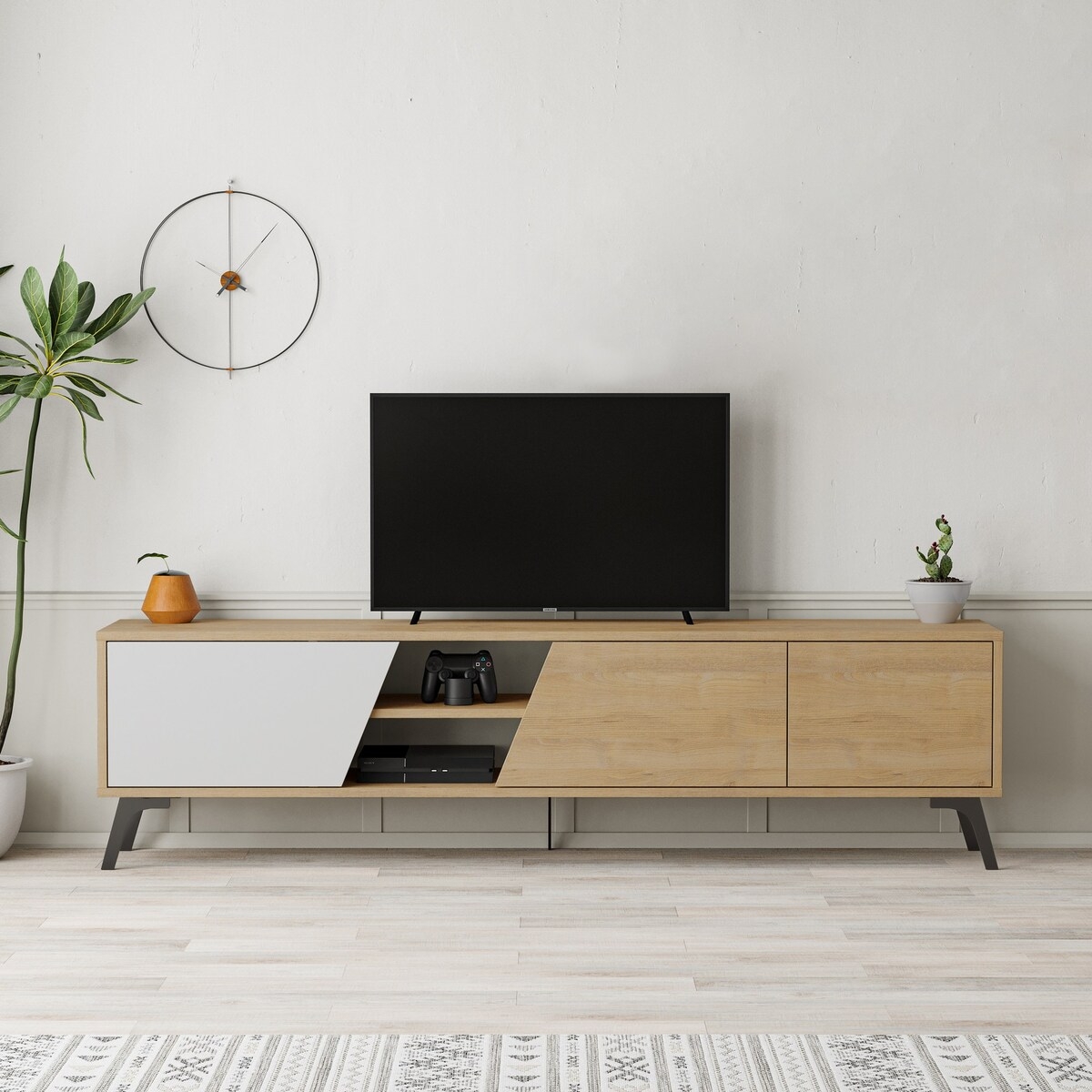 Moderner TV-Schrank 180 cm, 3 Türen, Weiß und Holz, Fiona Aktion Moderner TV-Schrank 180 cm, 3 Türen, Weiß und Holz, Fiona Aktion