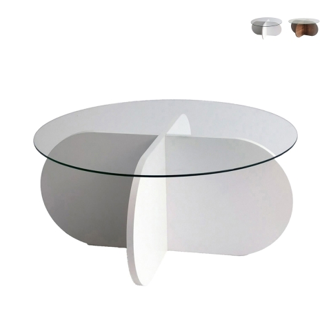 Tavolino da salotto rotondo di design in legno e vetro 75x35cm Round Promozione