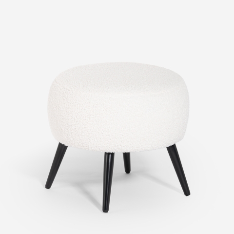 Pouf poggiapiedi da salotto in teddy bouclé bianco con piedini neri Belix Promozione