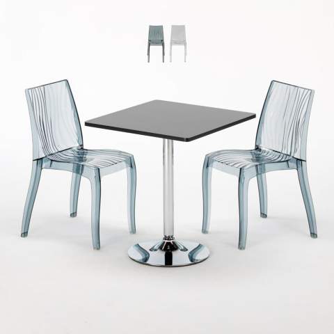 Tavolino Quadrato Nero 70x70 cm con 2 Sedie Colorate Trasparenti Dune Platinum Promozione