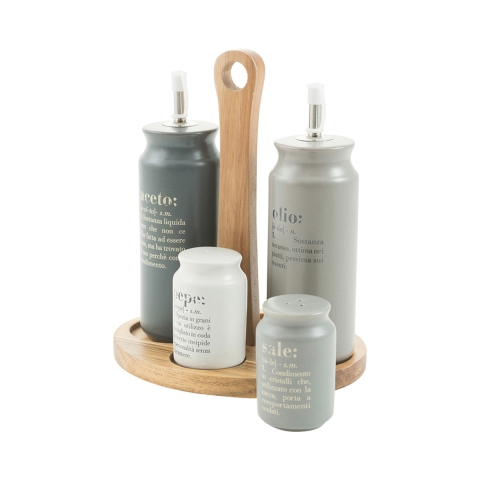 Set condimento stand in legno 5 pezzi con oliera in gres Victionary B Promozione