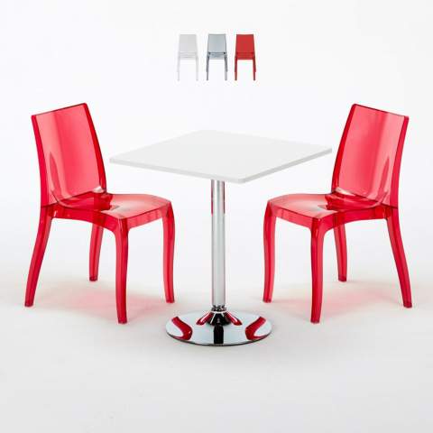 Weiß Quadratisch Tisch und 2 Stühle Farbiges Transparent Grand Soleil Cristal Light Titanium Aktion