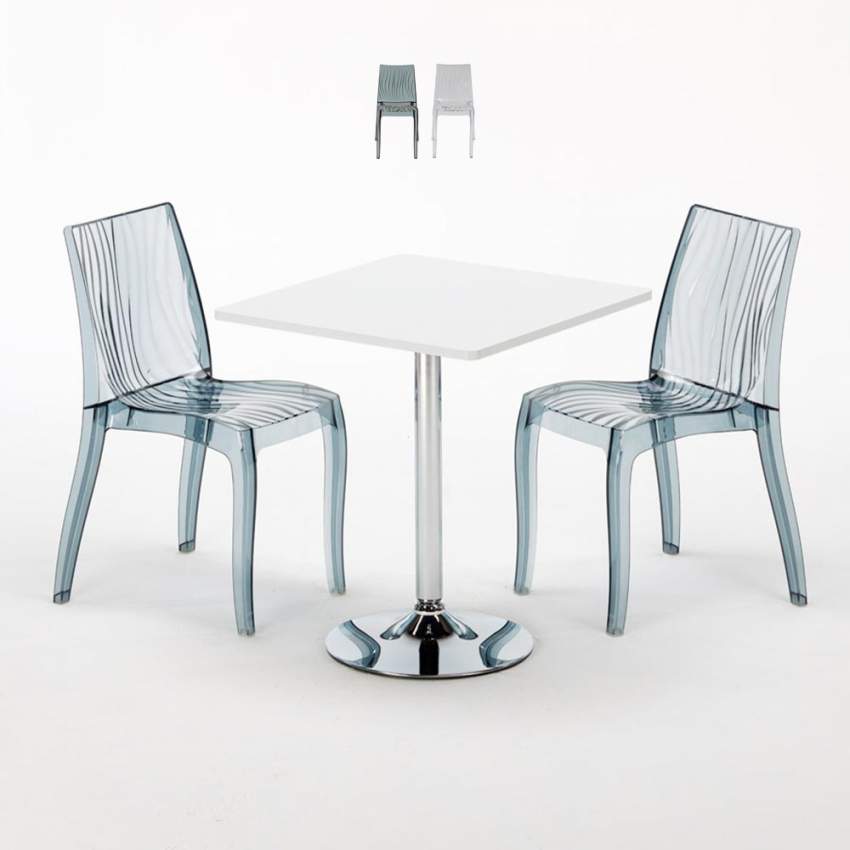 Tavolino Quadrato Bianco 70x70 cm con 2 Sedie Colorate Trasparenti Dune Titanium Promozione