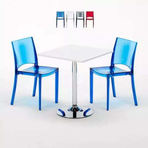 Table Carrée Blanche 70x70cm Avec 2 Chaises Colorées Grand Soleil Set Intérieur Bar Café B-Side Demon Promotion