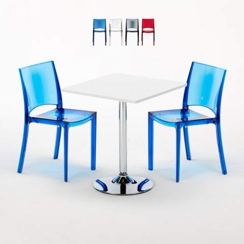 Tavolino Quadrato Bianco 70x70 cm con 2 Sedie Colorate Trasparenti B-Side Demon Promozione