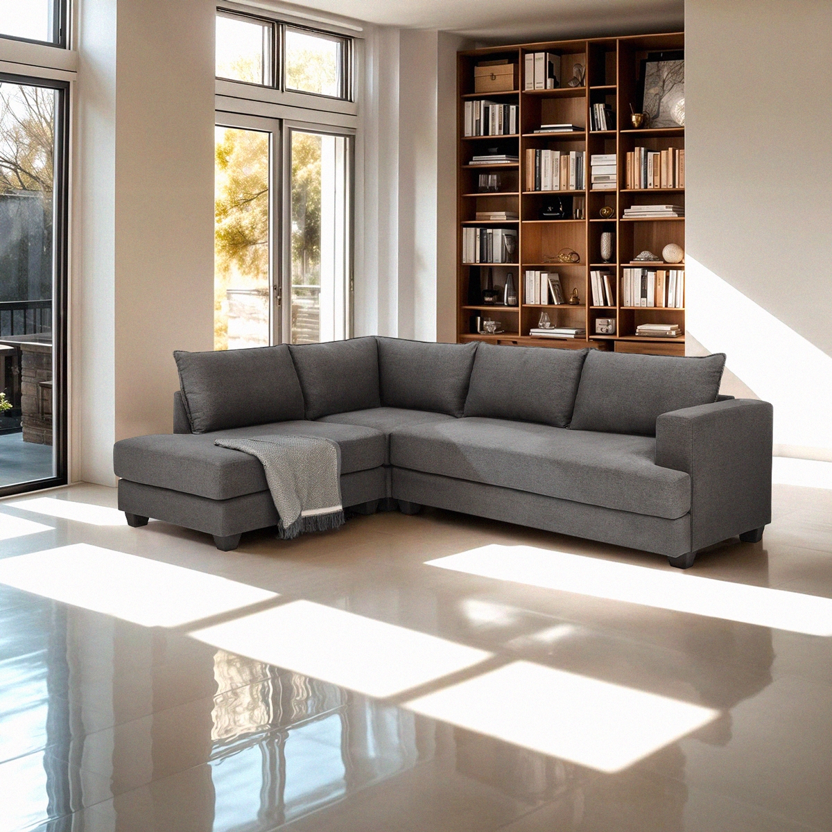 Divano design angolare 3 posti moderno in tessuto grigio Alhena Promozione Divano design angolare 3 posti moderno in tessuto grigio Alhena Promozione