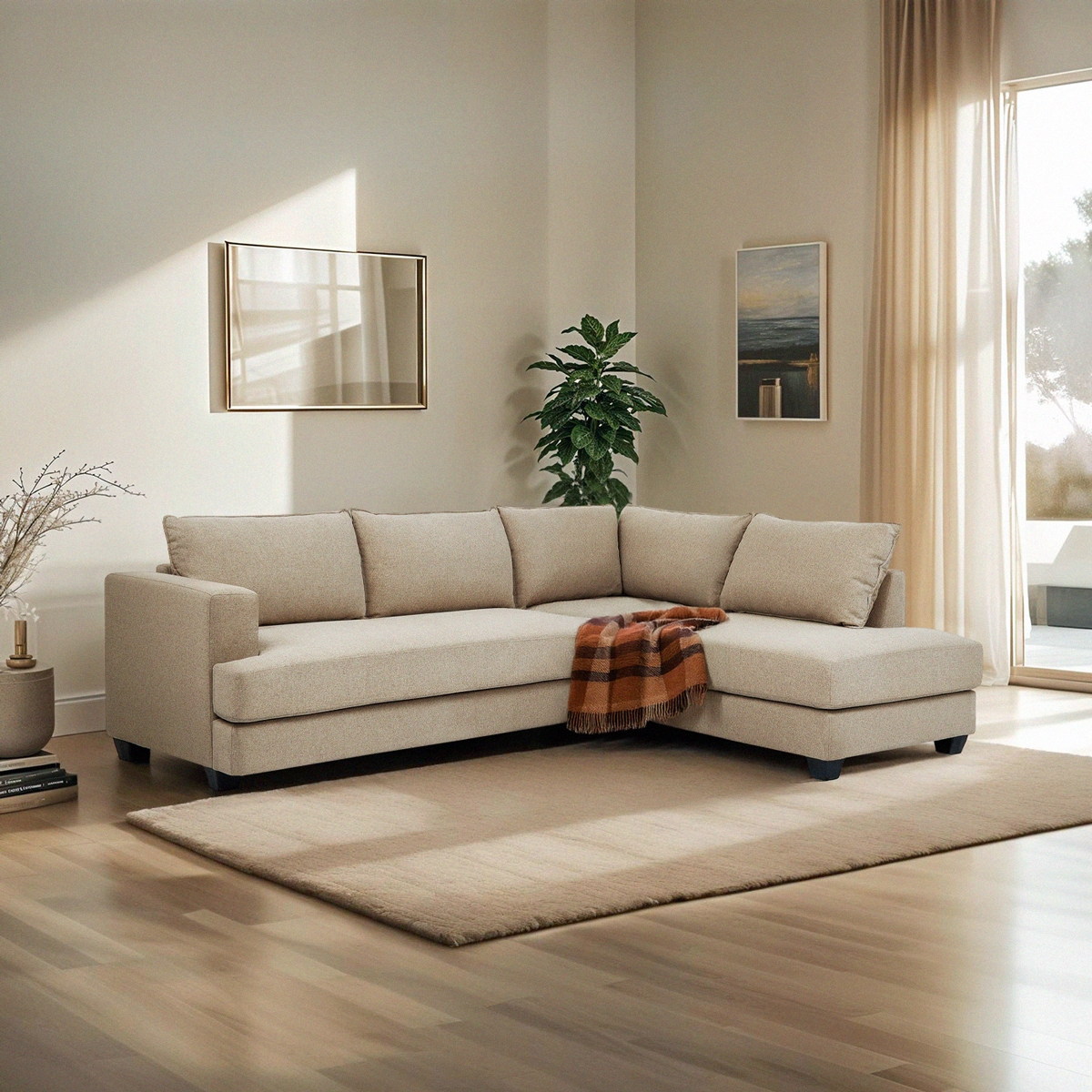 Divano 3 posti angolare di design con penisola in tessuto beige Avior Promozione Divano 3 posti angolare di design con penisola in tessuto beige Avior Promozione