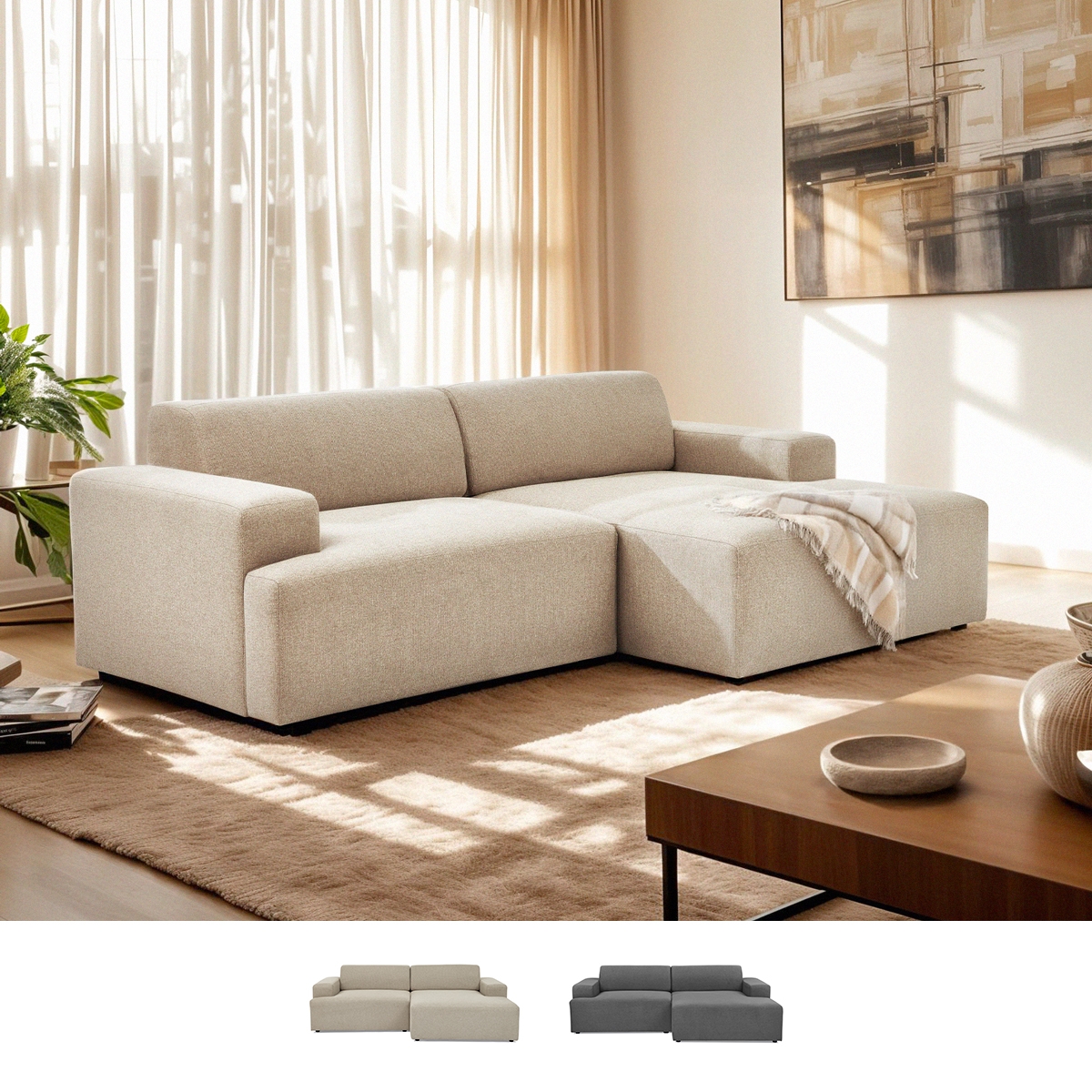 Divano design moderno 3 posti con chaise longue destra in tessuto Toliman Promozione