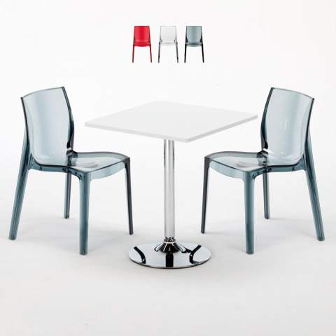 Tavolino Quadrato Bianco 70x70 cm con 2 Sedie Colorate Trasparenti Femme Fatale Demon Promozione