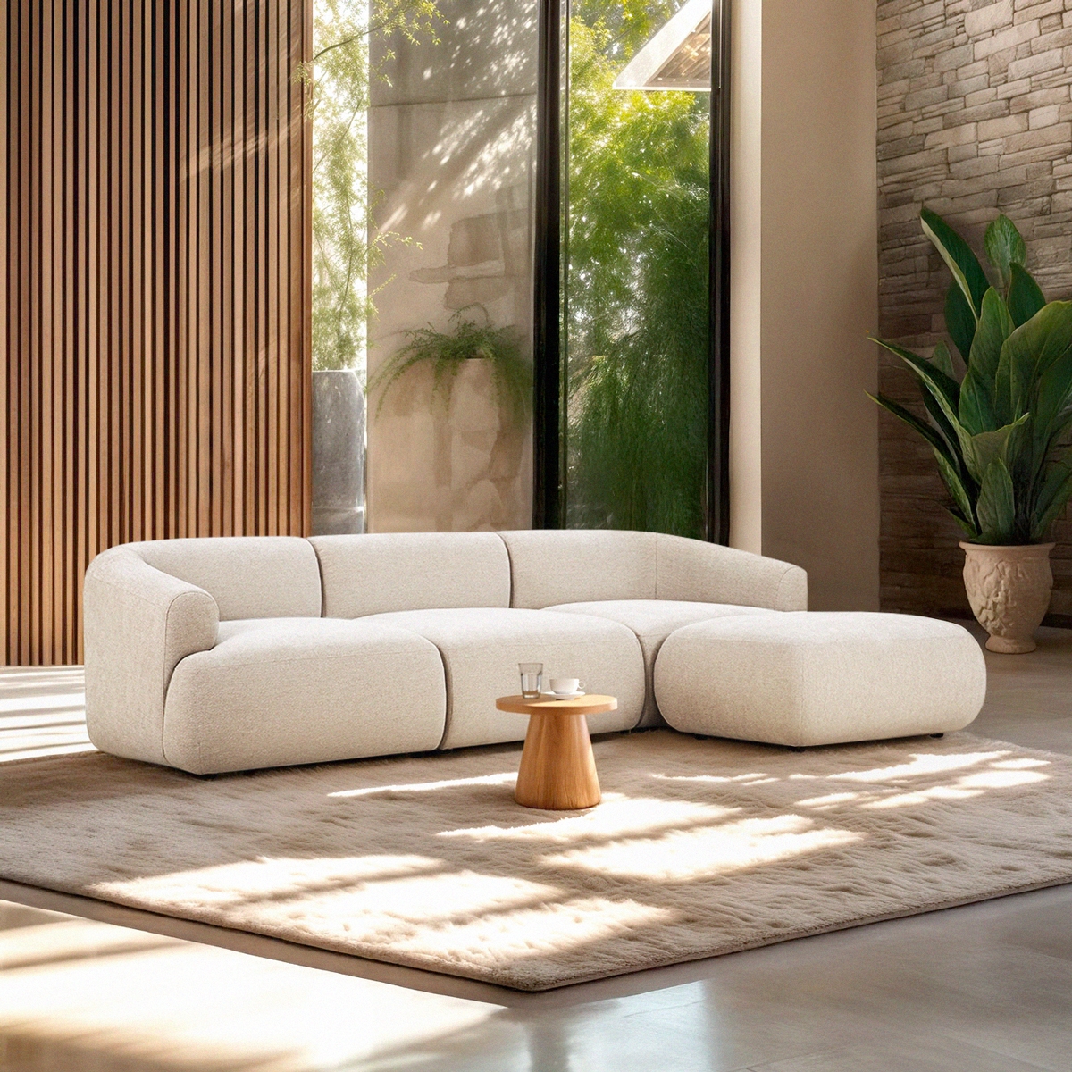 Divano componibile 3 posti curvo modulabile con pouf in tessuto Yuna-3P Promozione Divano componibile 3 posti curvo modulabile con pouf in tessuto Yuna-3P Promozione