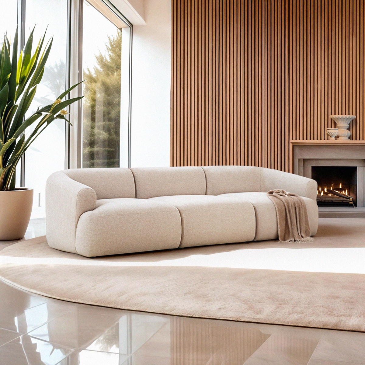 Canapé 3 places modulaire incurvé en tissu beige Yuna-3 Promotion Canapé 3 places modulaire incurvé en tissu beige Yuna-3 Promotion