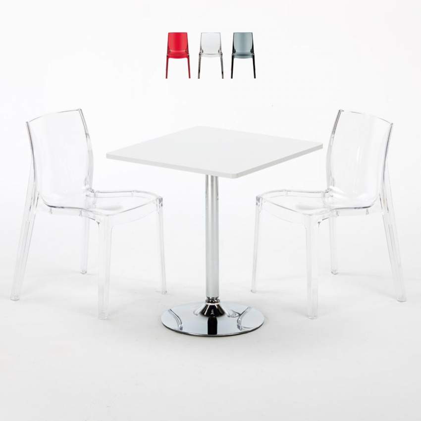 Tavolino Quadrato Bianco 70x70 cm con 2 Sedie Colorate Trasparenti Femme Fatale Demon Vendita