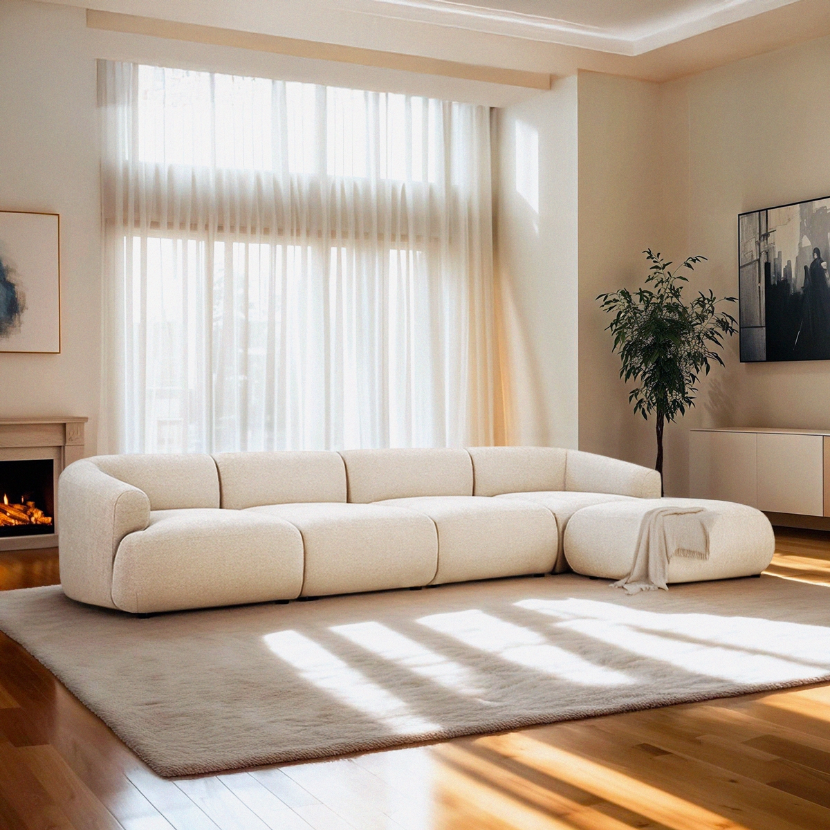 Divano 4 posti componibile con pouf design modulare moderno Yuna-4P Promozione Divano 4 posti componibile con pouf design modulare moderno Yuna-4P Promozione