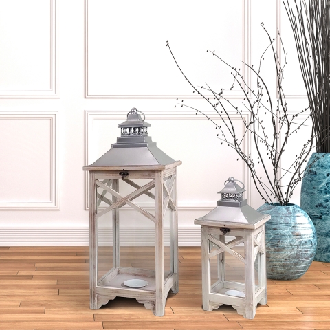 Set 2 shabby chic Laternen mit Kerzenhalter aus grauem Holz Kediri Aktion