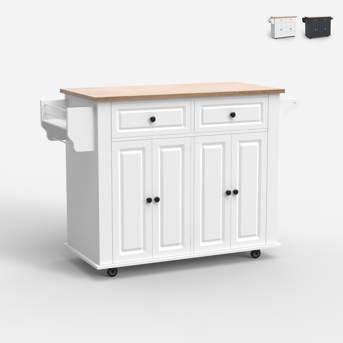 Isola da cucina con ruote 2 cassetti 4 ante e portaspezie Turchese Promozione Isola da cucina con ruote 2 cassetti 4 ante e portaspezie Turchese Promozione