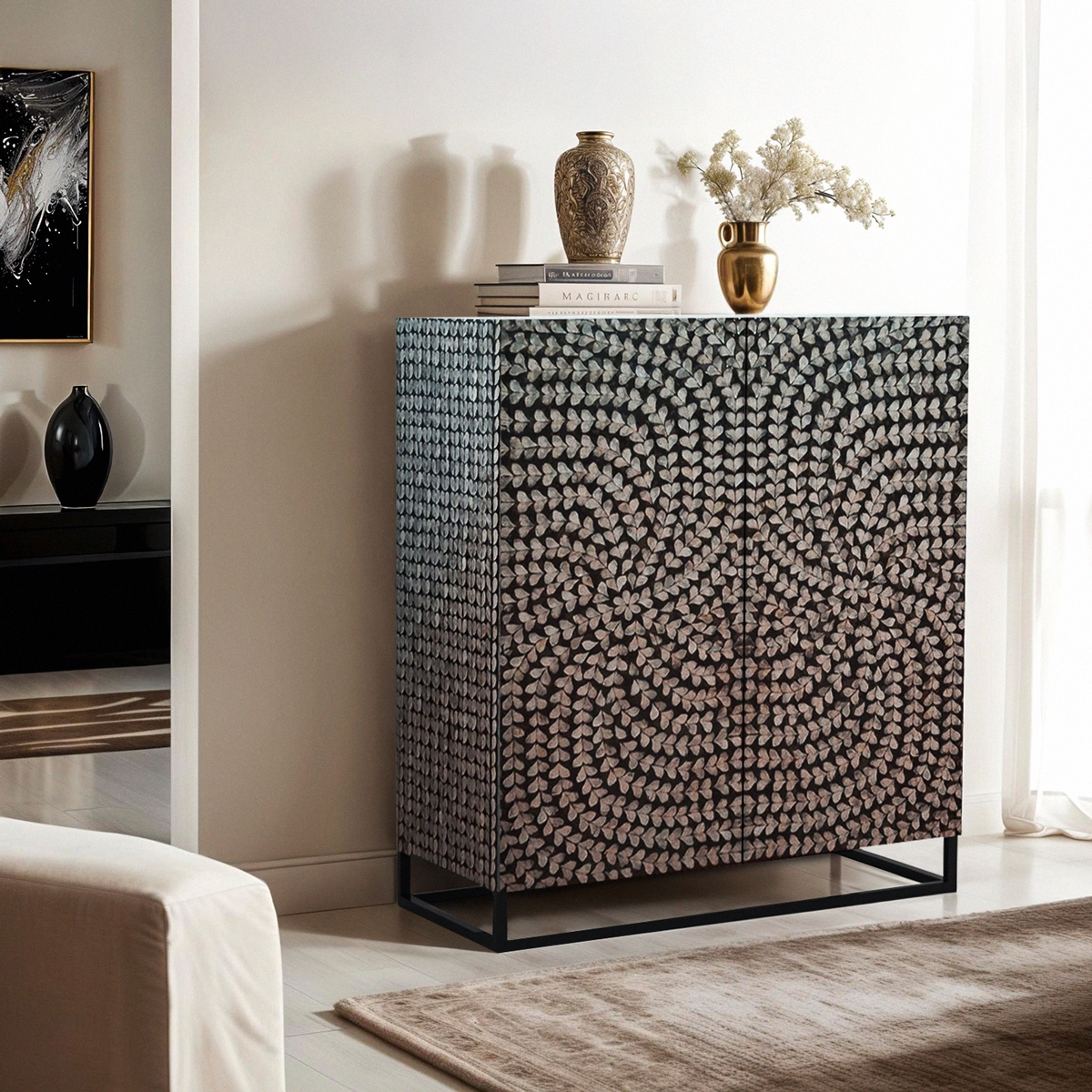 Madia da soggiorno credenza con 2 ante intarsiate in madreperla Evan Promozione Madia da soggiorno credenza con 2 ante intarsiate in madreperla Evan Promozione