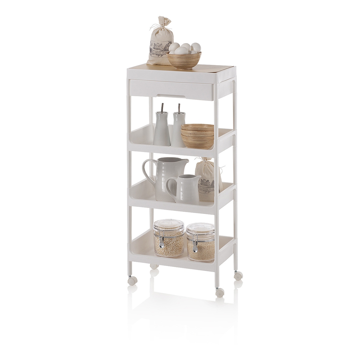 Carrello multifunzione 4 ripiani cassetto contenitore e ruote Lando C Promozione Carrello multifunzione 4 ripiani cassetto contenitore e ruote Lando C Promozione