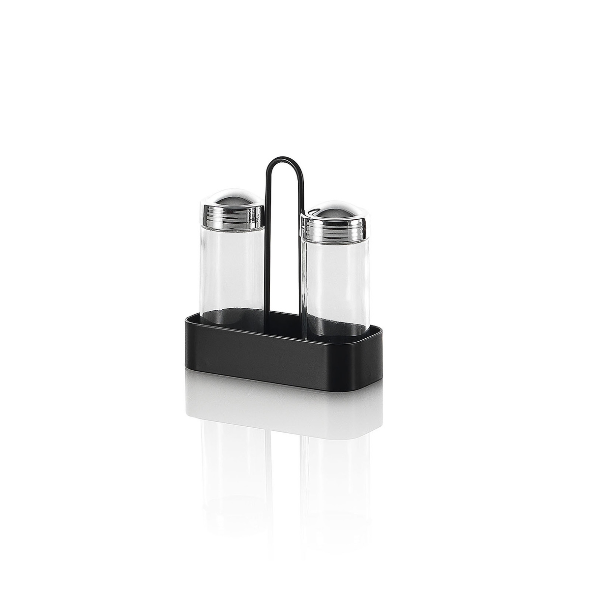 Set Salz und schwarzer Pfeffer mit Glasbehältern und Metallhalterung Aktion
