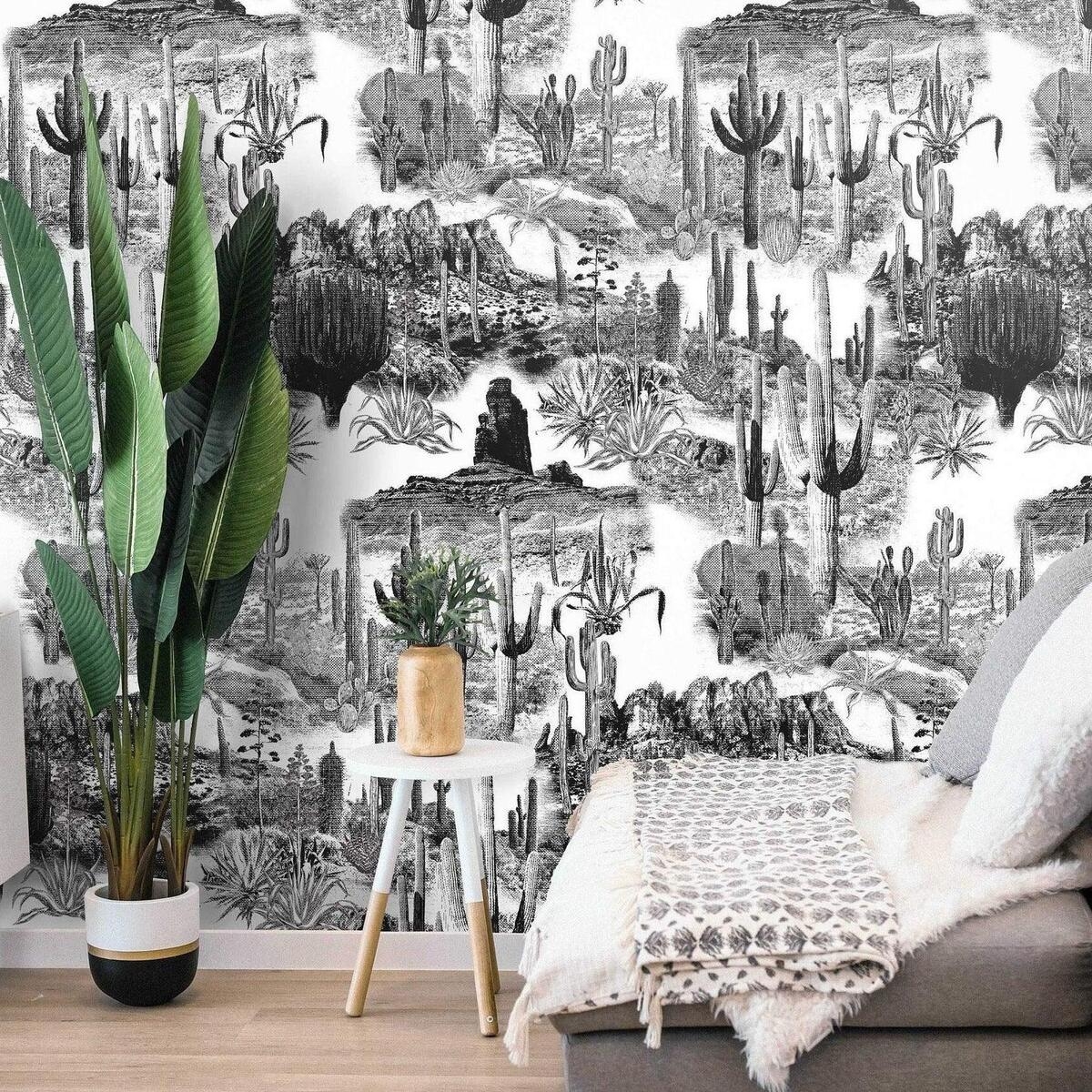 Carta da parati adesiva moderna bianco nero per soggiorno Cactus Promozione Carta da parati adesiva moderna bianco nero per soggiorno Cactus Promozione