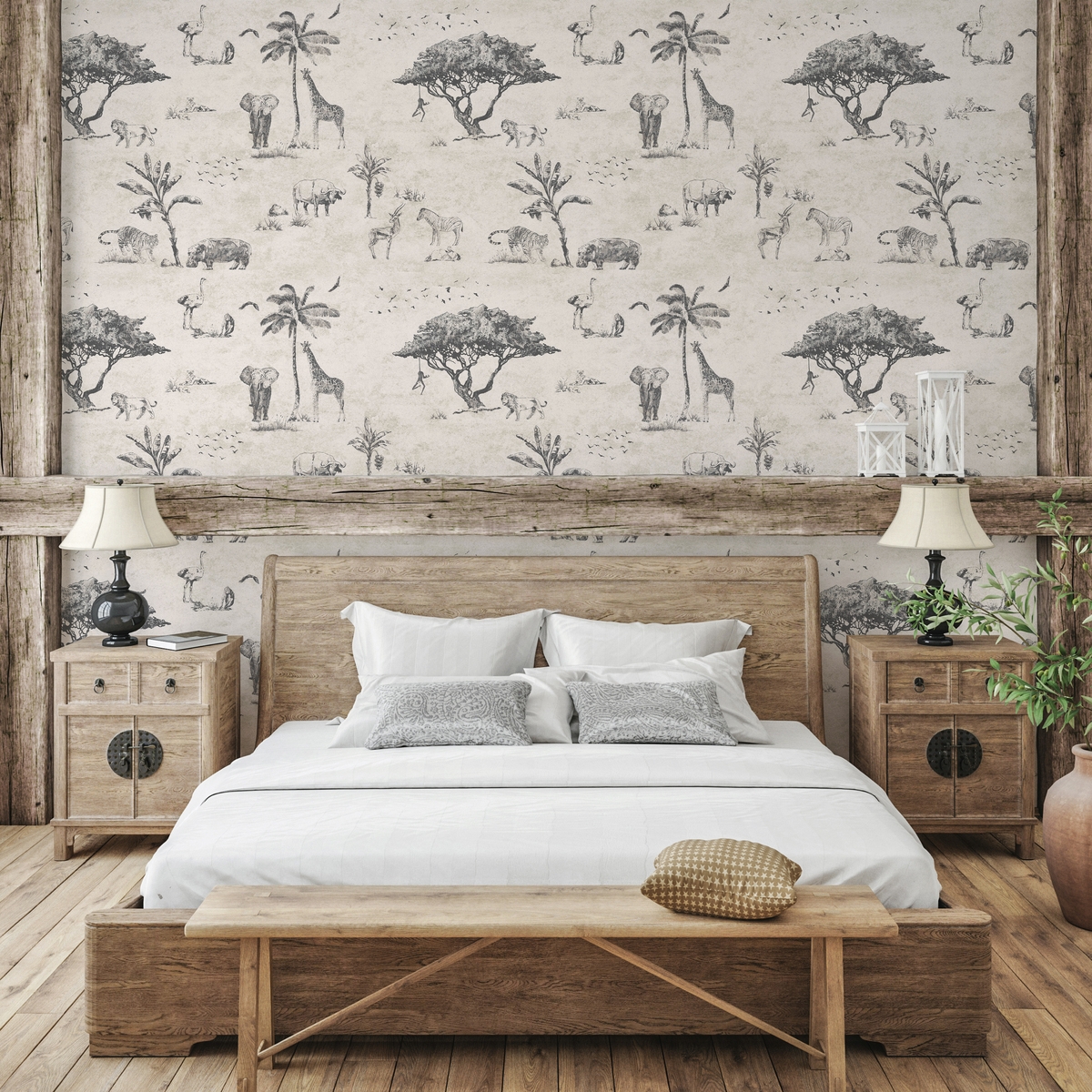 Papier peint vintage animaux safari beige pour tête de lit Promotion Papier peint vintage animaux safari beige pour tête de lit Promotion