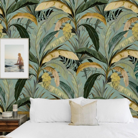 Papier peint jungle adhésif avec arbres Foresta Tropicale Verde Promotion