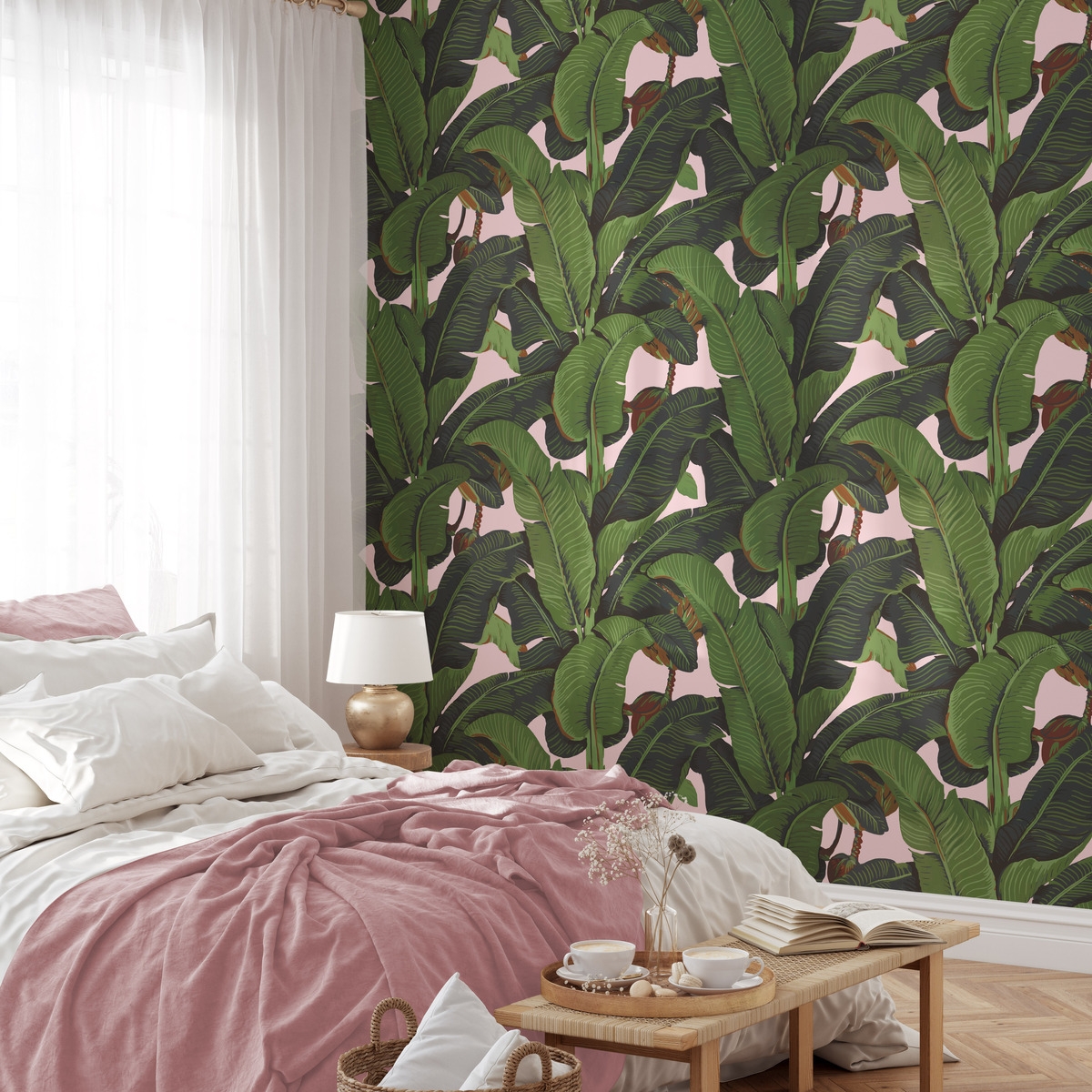 Papier peint floral jungle pour salon Feuilles de Bananiers Roses Promotion Papier peint floral jungle pour salon Feuilles de Bananiers Roses Promotion