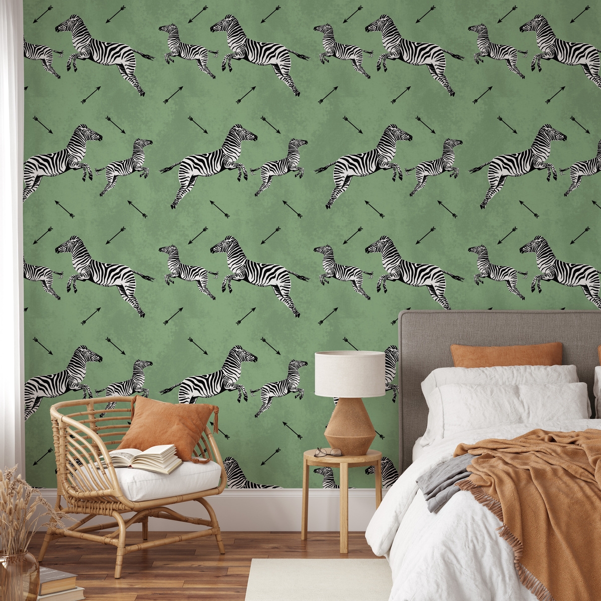 Selbstklebende grüne Tapete mit Zebramotiv für das Schlafzimmer Aktion Selbstklebende grüne Tapete mit Zebramotiv für das Schlafzimmer Aktion