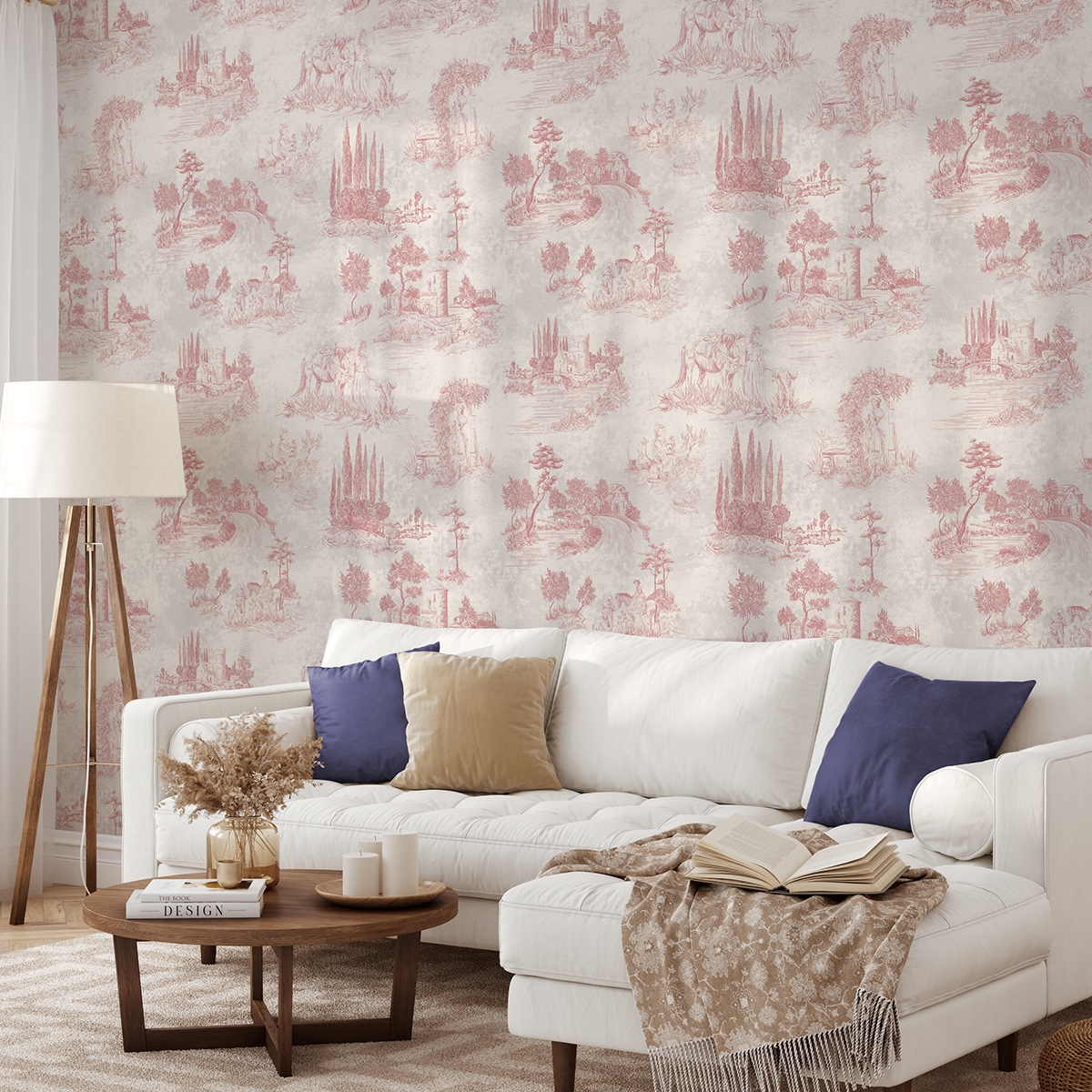 Carta da parati vintage con paesaggi rosa per soggiorno Toile de Jouy Rosa Promozione Carta da parati vintage con paesaggi rosa per soggiorno Toile de Jouy Rosa Promozione