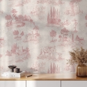 Carta da parati vintage con paesaggi rosa per soggiorno Toile de Jouy Rosa Sconti