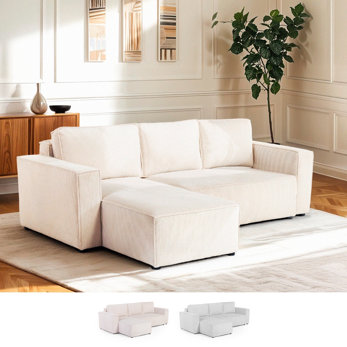 Divano angolare con penisola e letto estraibile in tessuto a coste Leka Promozione Divano angolare con penisola e letto estraibile in tessuto a coste Leka Promozione