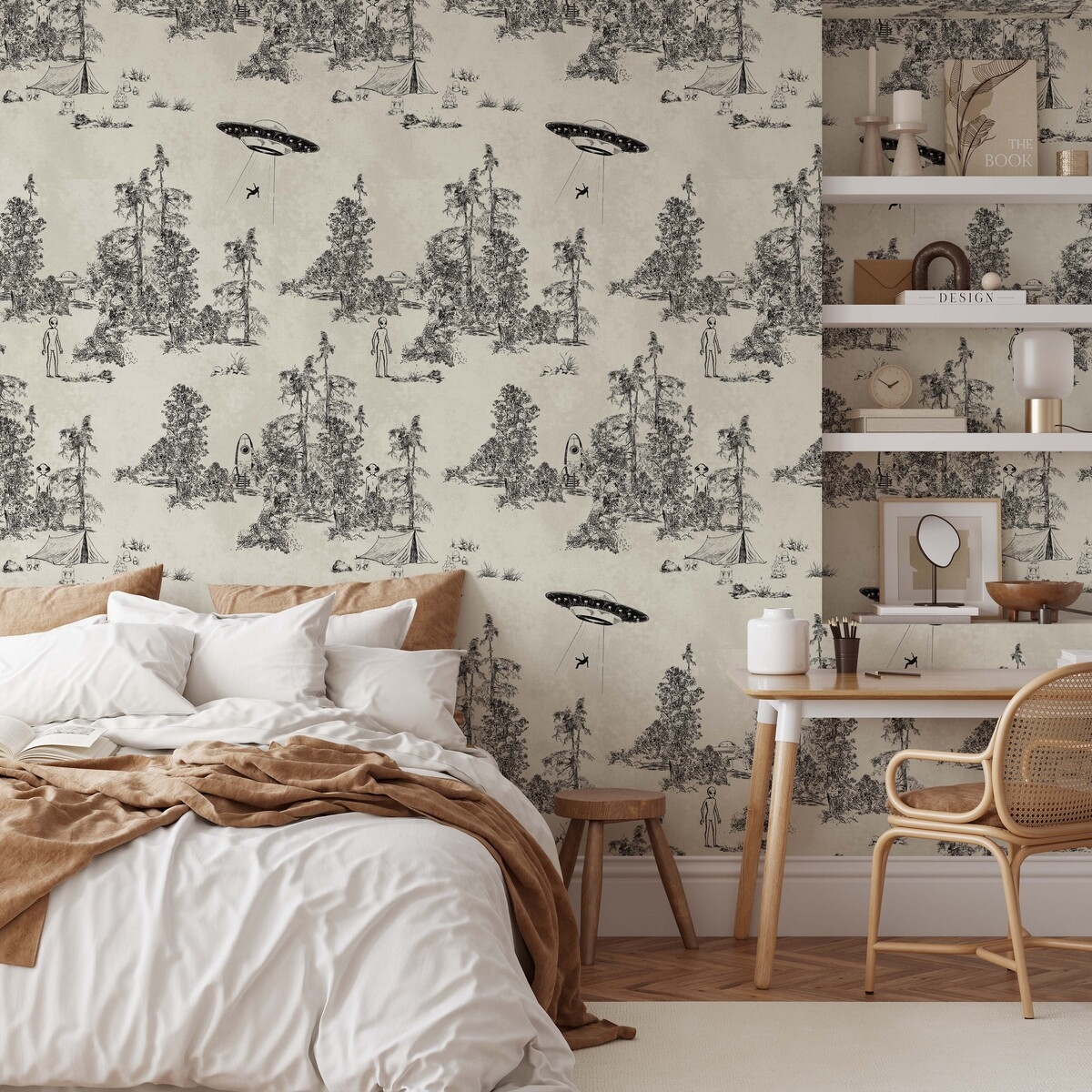 Papier peint forêt vintage noir et blanc Toile de Jouy Ufo Nero Promotion Papier peint forêt vintage noir et blanc Toile de Jouy Ufo Nero Promotion