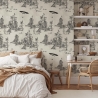 Papier peint forêt vintage noir et blanc Toile de Jouy Ufo Nero Promotion