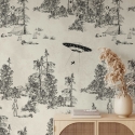 Papier peint forêt vintage noir et blanc Toile de Jouy Ufo Nero Remises