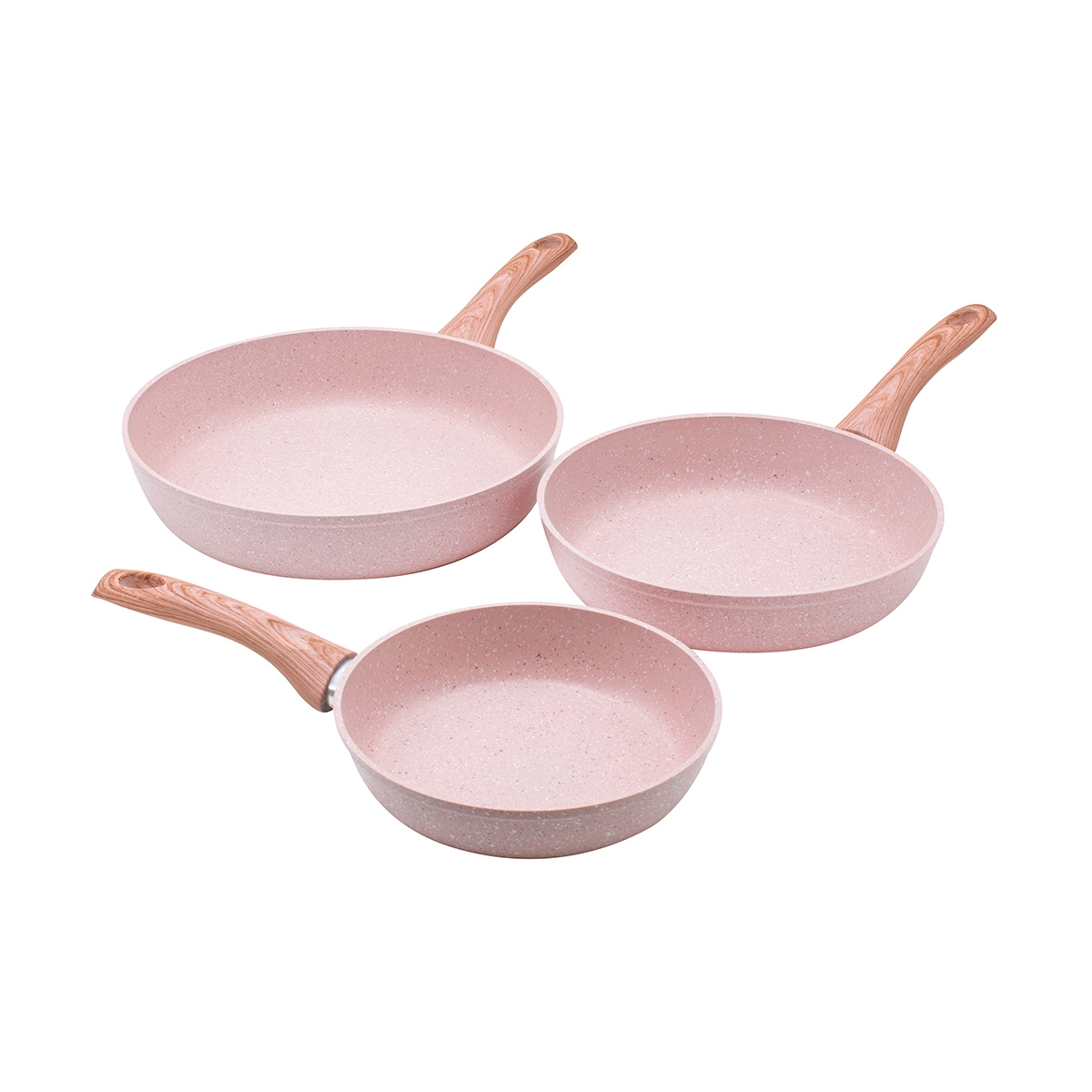 3-teiliges Pfannenset aus antihaftbeschichtetem Aluminium in Rosa Granitoptik Stonerose Aktion 3-teiliges Pfannenset aus antihaftbeschichtetem Aluminium in Rosa Granitoptik Stonerose Aktion