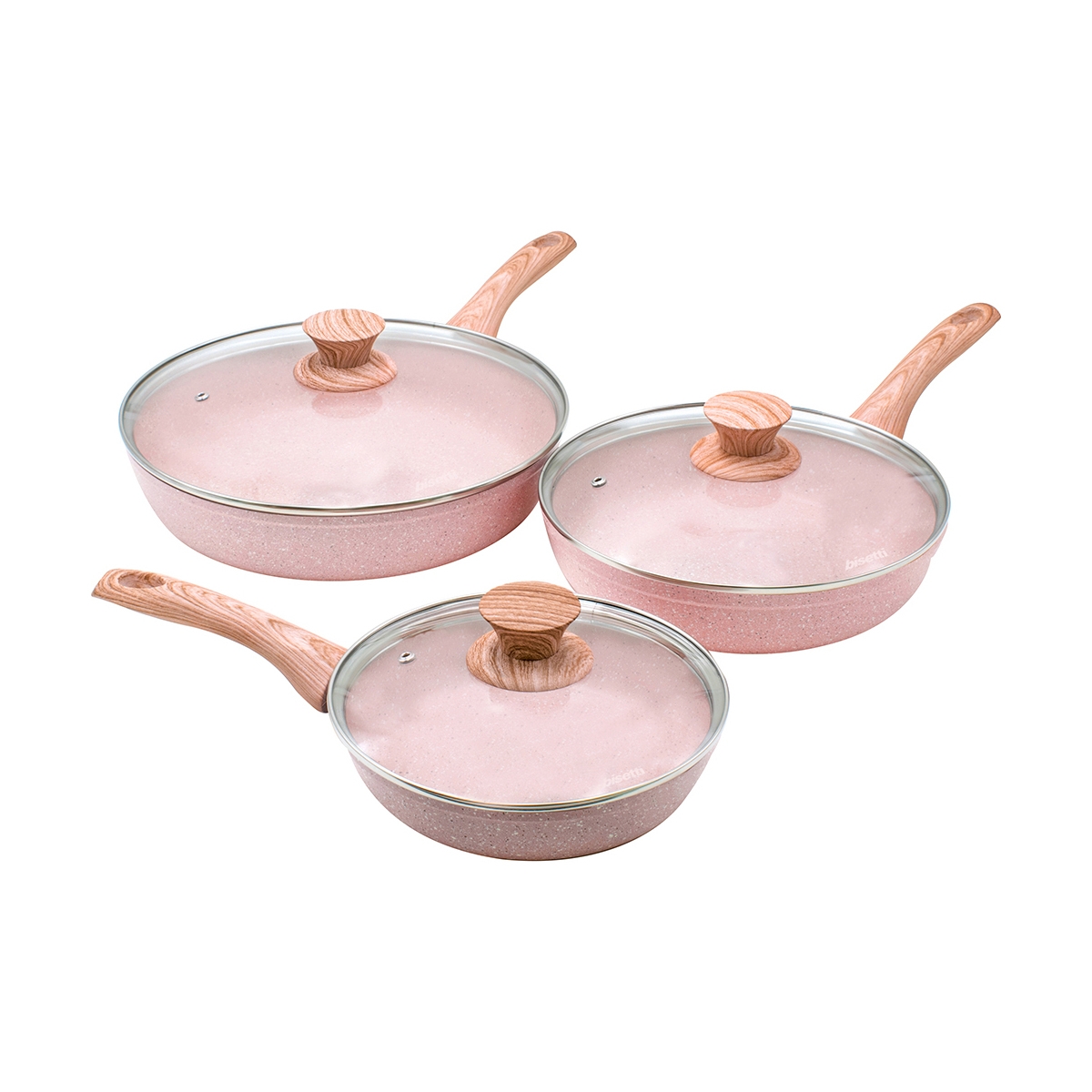 3-teiliges antihaftbeschichtetes Pfannenset aus Aluminium in Rosengranitoptik Stonerose Aktion 3-teiliges antihaftbeschichtetes Pfannenset aus Aluminium in Rosengranitoptik Stonerose Aktion