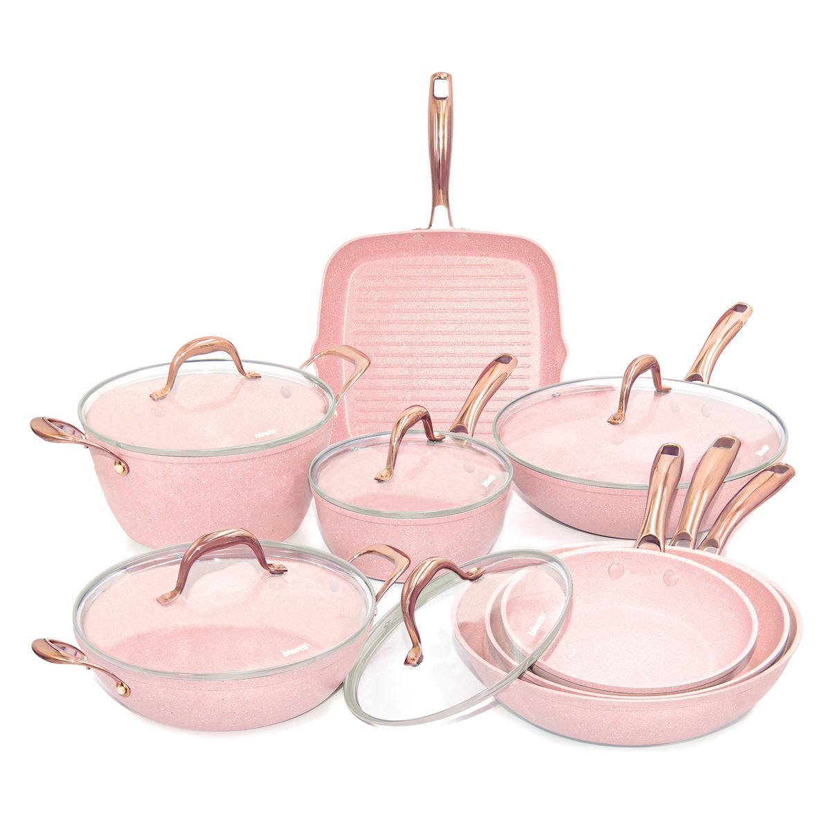 Batterie de cuisine 13 pièces effet granit rose avec manche en acier Stonerose Promotion Batterie de cuisine 13 pièces effet granit rose avec manche en acier Stonerose Promotion