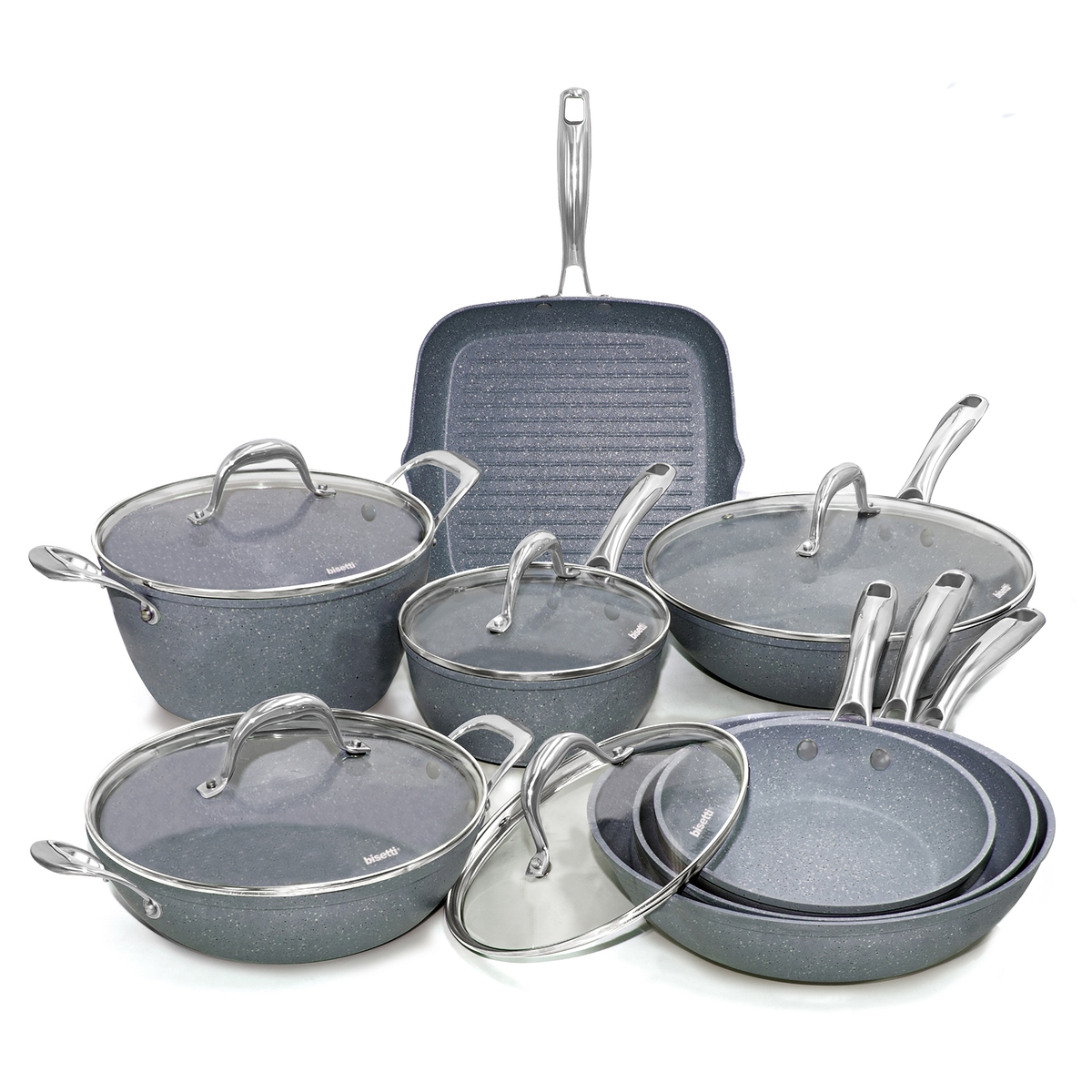 Batterie 13 pièces poêles grill antiadhésives Bisetti Pierre Gourmet Promotion Batterie 13 pièces poêles grill antiadhésives Bisetti Pierre Gourmet Promotion