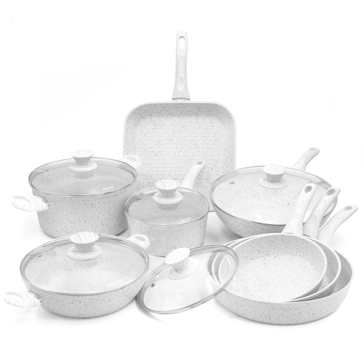 Batterie 13 pièces casseroles poêles grille antiadhésives Stonewhite Promotion Batterie 13 pièces casseroles poêles grille antiadhésives Stonewhite Promotion