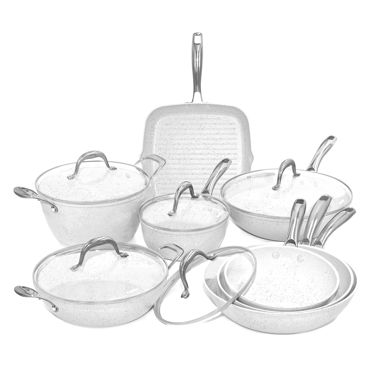 Batteria 13 pezzi padelle pentola bistecchiera antiaderenti Stonewhite Promozione Batteria 13 pezzi padelle pentola bistecchiera antiaderenti Stonewhite Promozione