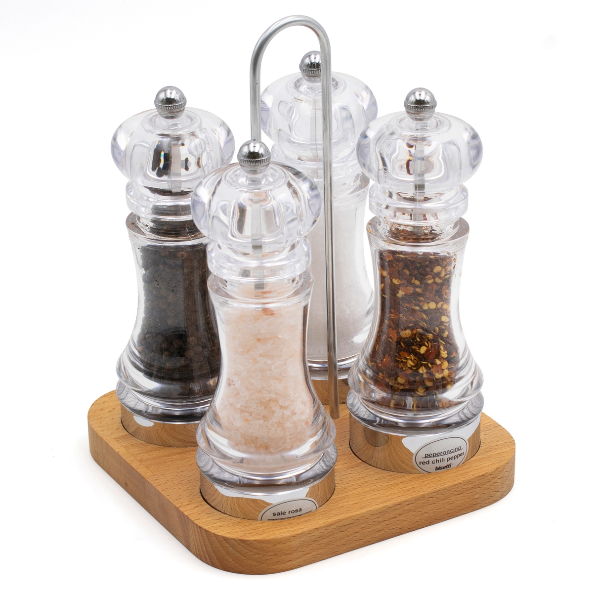 Set macina pepe e sale spezie 4 pezzi con base in legno faggio Bisetti Promozione Set macina pepe e sale spezie 4 pezzi con base in legno faggio Bisetti Promozione