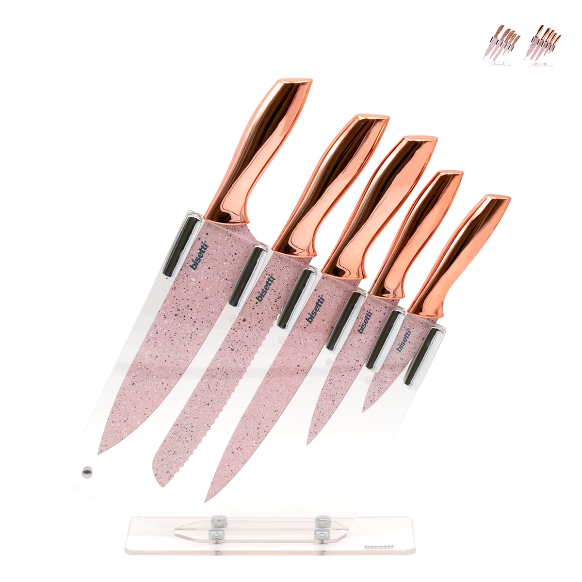 Set 5 coltelli in acciaio inox con ceppo trasparente Bisetti Stonerose Promozione Set 5 coltelli in acciaio inox con ceppo trasparente Bisetti Stonerose Promozione