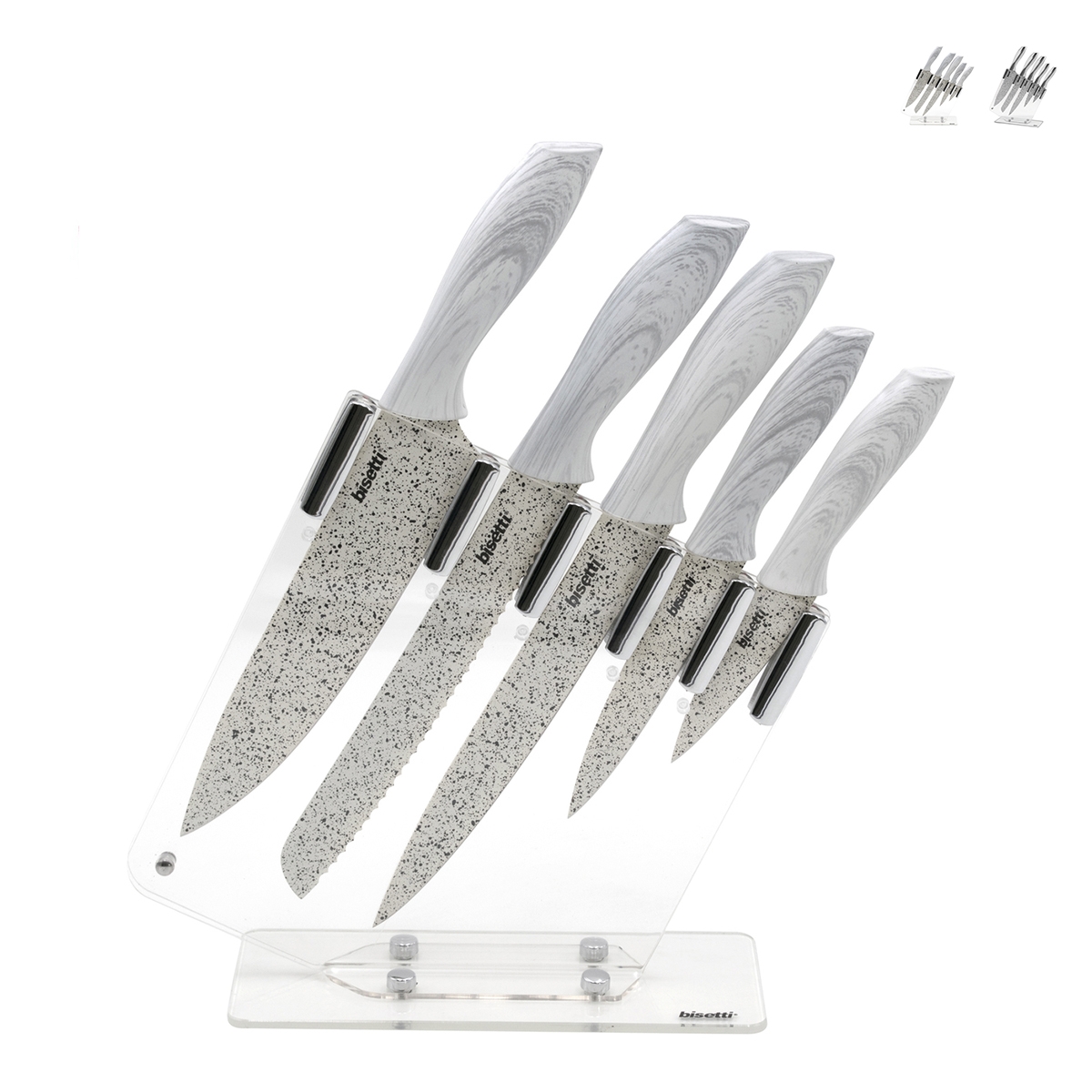 Set aus 5 Edelstahl-Küchenmessern mit transparentem Block Stonewhite Aktion Set aus 5 Edelstahl-Küchenmessern mit transparentem Block Stonewhite Aktion