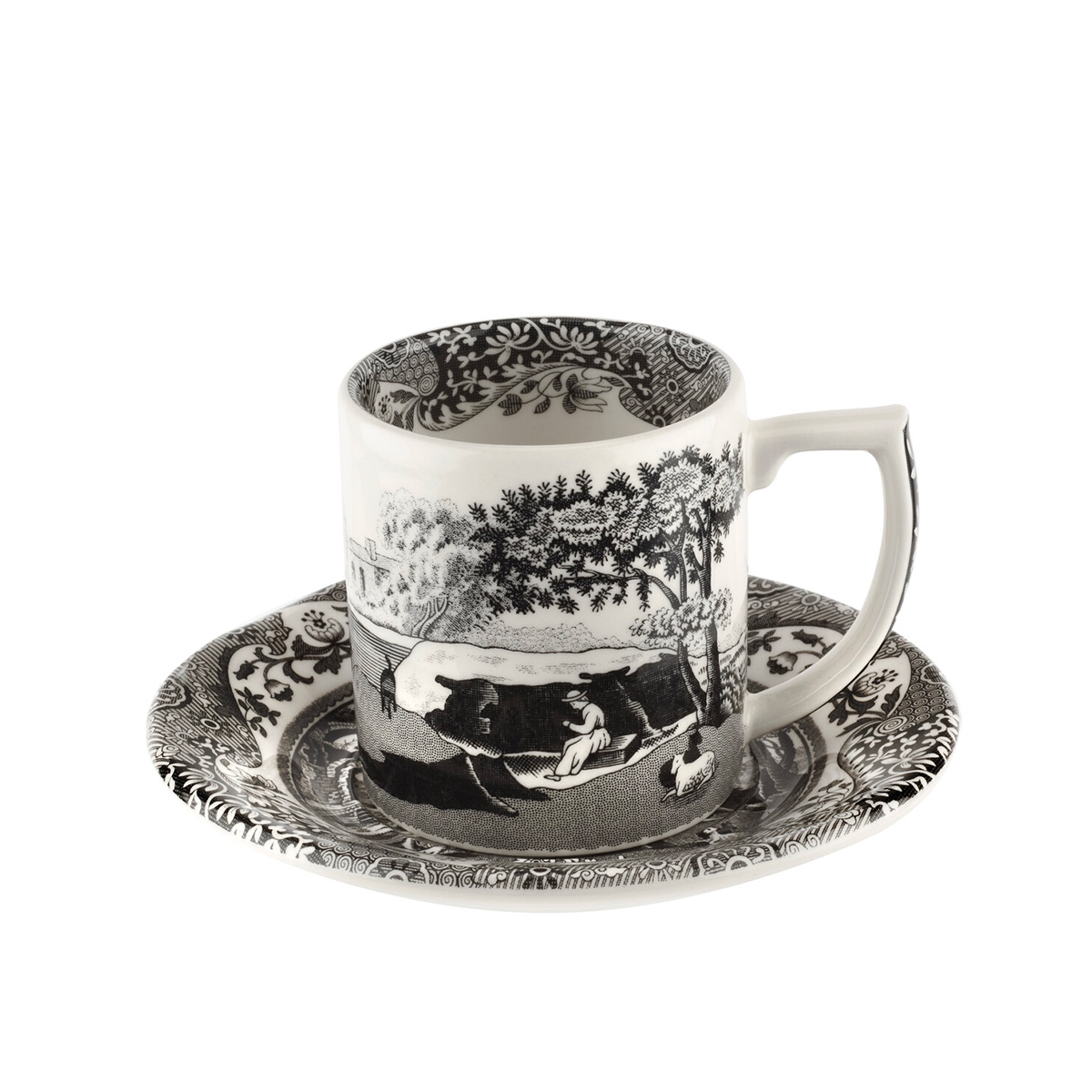 Kaffeetasse mit dekoriertem Unterteller im englischen Stil Black Italian Aktion Kaffeetasse mit dekoriertem Unterteller im englischen Stil Black Italian Aktion